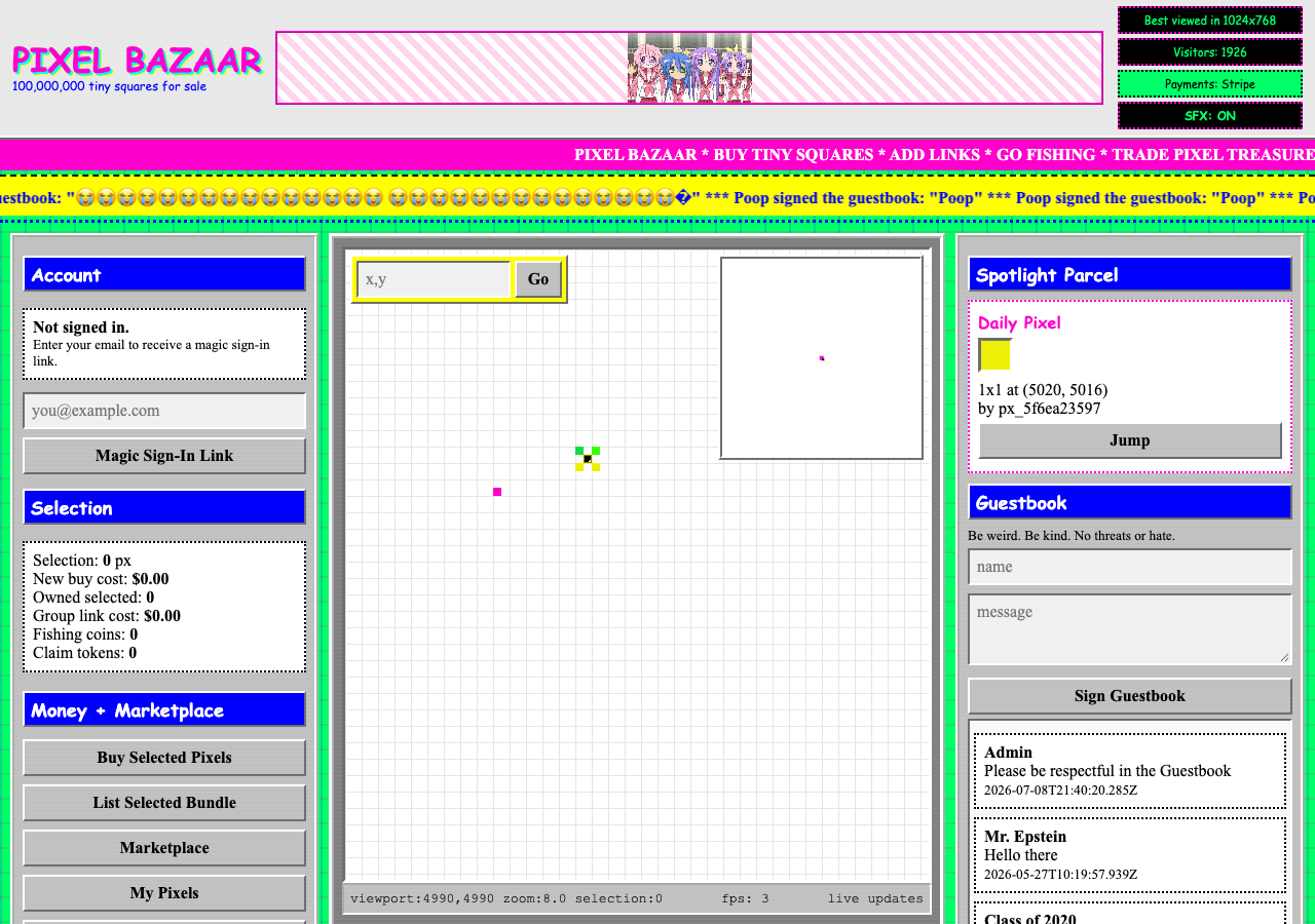 Pixel Bazaar marketplace and pixel canvas
